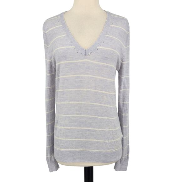 Banana Republic Merino Wool V-Neck Sweater Size Medium – Pastel Stripe Knit - Picture 2 of 10